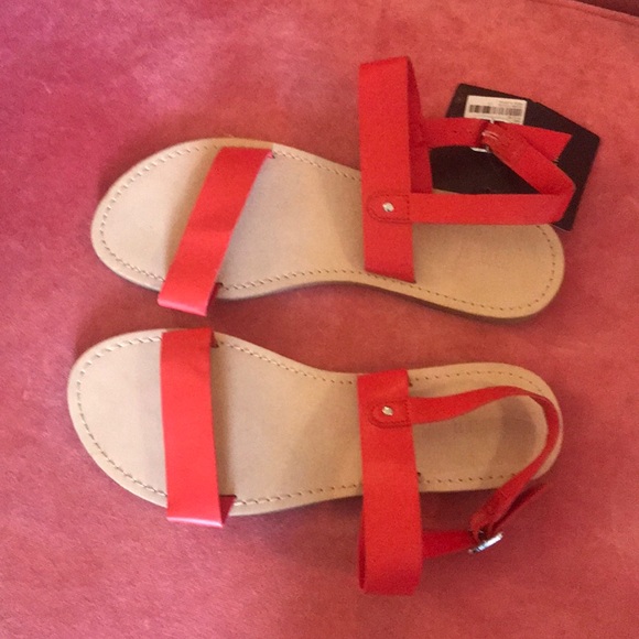 red ankle strap flat sandals